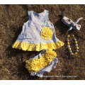 2015 baby new gray yellow flower swing tops swing outfits with matching necklace and bows